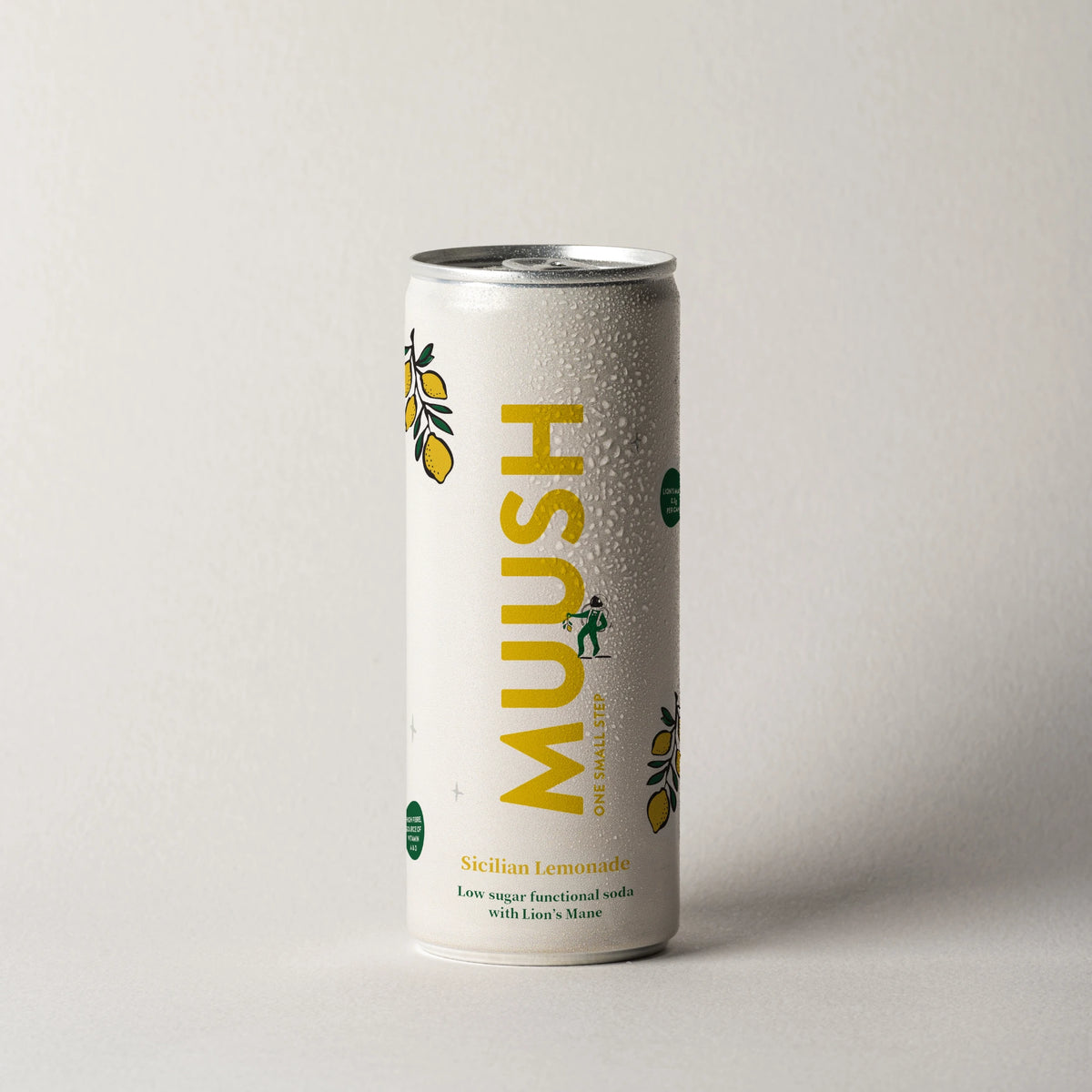 A can of MUUSH Sicilian Lemonade which is a Low sugar functional soda with Lions mane