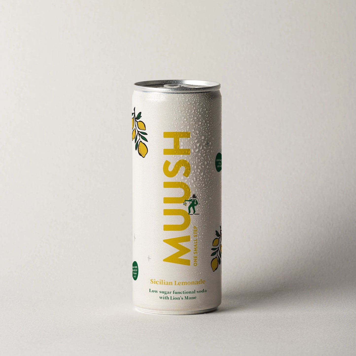 A can of MUUSH Sicilian Lemonade which is a Low sugar functional soda with Lions mane 