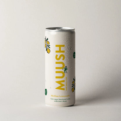 A can of MUUSH Sicilian Lemonade which is a Low sugar functional soda with Lions mane 