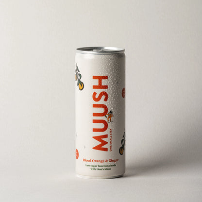 A 250 ml can of  MUUSH low sugar functional soda featuring Blood Orange, Ginger, and Lion's Mane mushroom extract