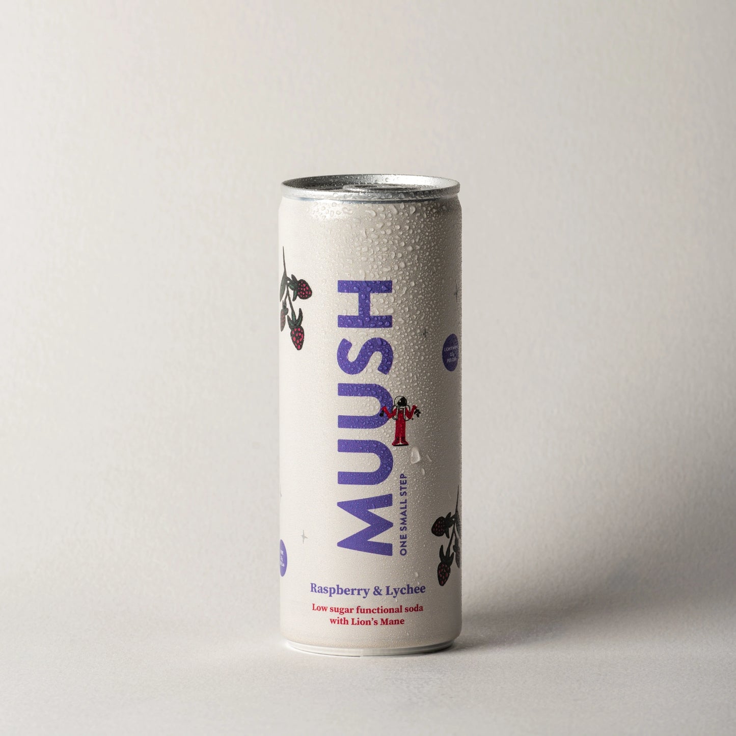 A 250ml can of MUUSH Raspbery and lychee which is a functional soft drink