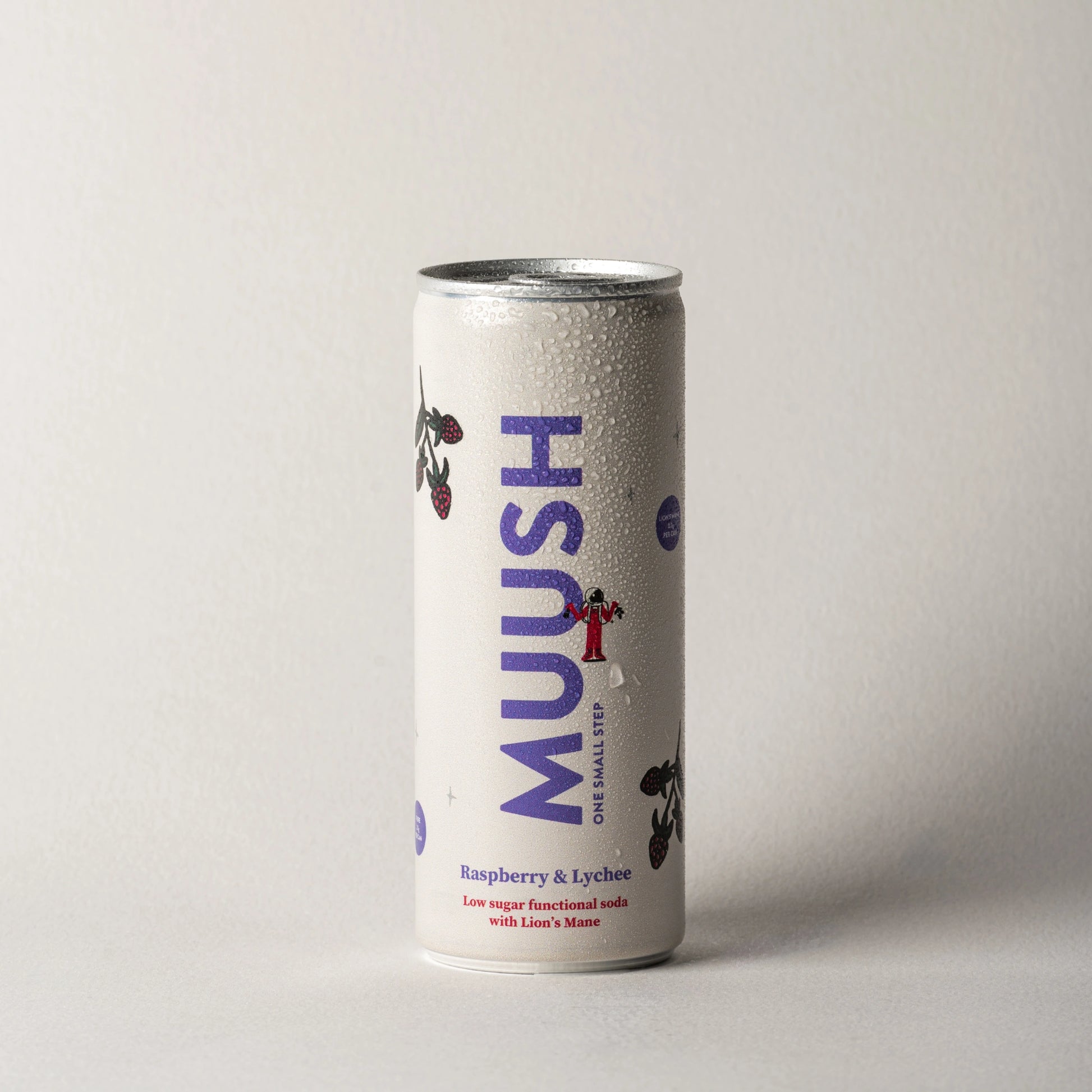 A 250ml can of MUUSH Raspbery and lychee which is a functional soft drink