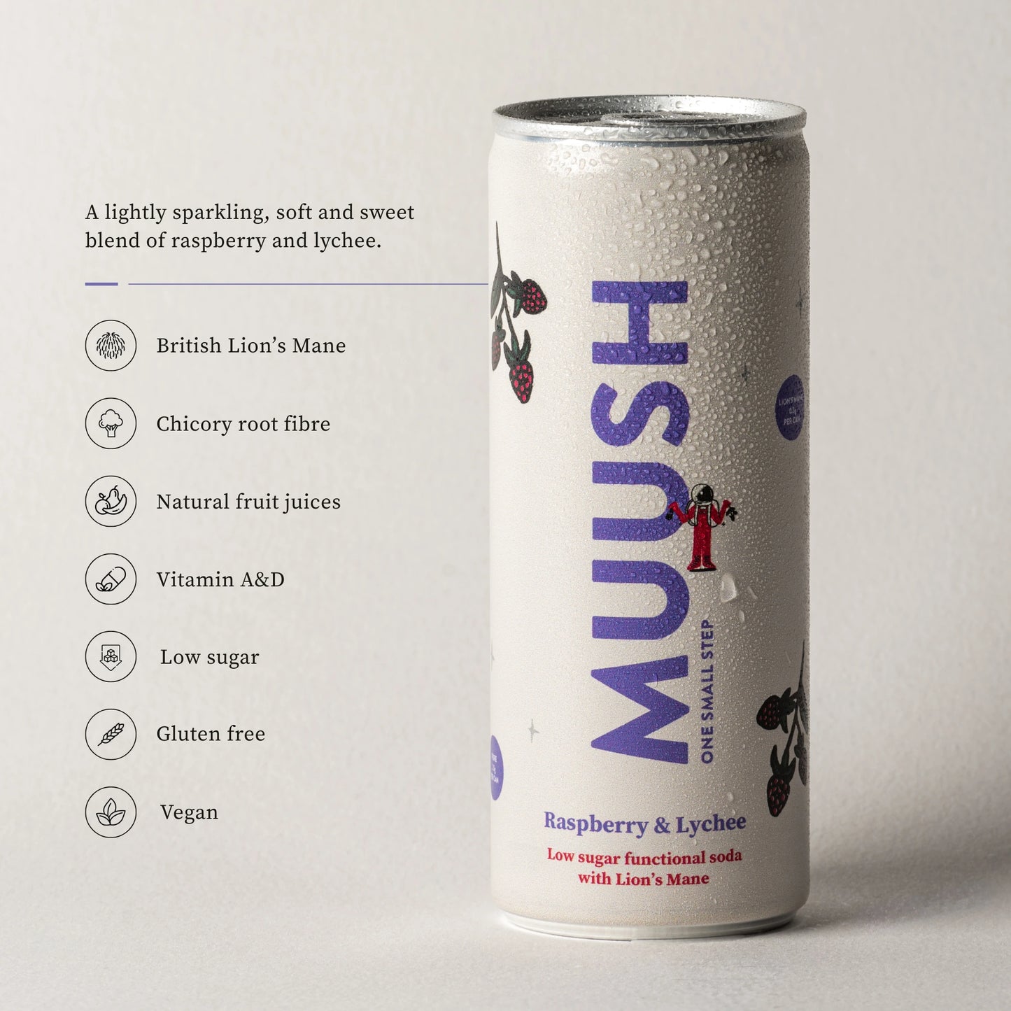 A can of MUUSH Raspberry and Lychee  mushroom drink showing benefits like British Lion's Mane, Chicory root fibre, Vitamin A and D, low sugar, gluten free, and vegan.
