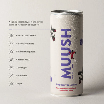 A can of MUUSH Raspberry and Lychee  mushroom drink showing benefits like British Lion's Mane, Chicory root fibre, Vitamin A and D, low sugar, gluten free, and vegan.