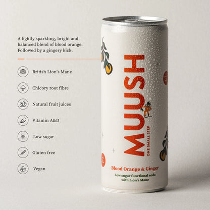 Product description and details of MUUSH Blood Orange and ginger : British Lion's Mane, Chicory root fibre, Fruit juice, Low sugar, Vitamin A&D, Vegan & gluten free