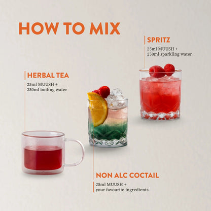 Instructions on how to mix MUUSH Rhubarb and apple Elixir and create spritz, herbal tea, and non-alcoholic cocktail.