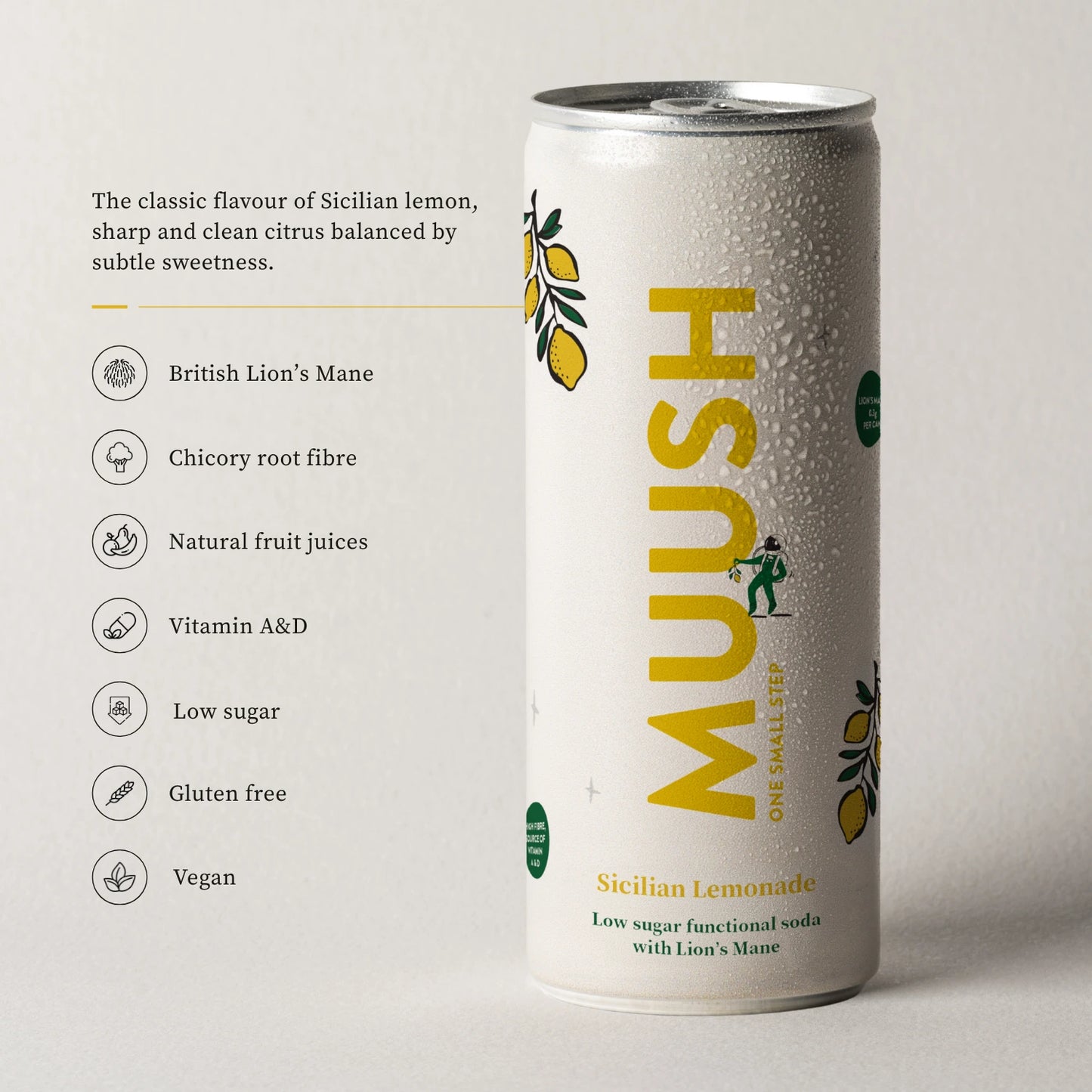 product details for A can of MUUSH Sicilian lemonade functional soft drink showcasing benefits like British Lion's Mane, Chicory root fibre, Vitamin A and D, low sugar, gluten free, and vegan.